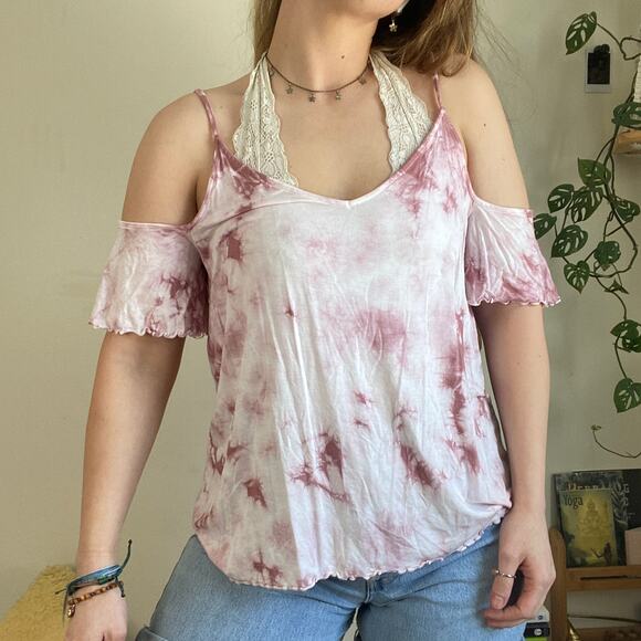 American Eagle Pink Tie Dye Cold Shoulder Top L - Picture 3 of 8